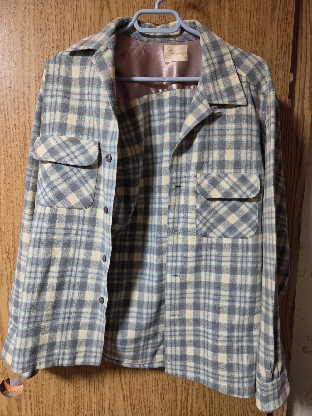 Plaid Button-Up Jacket in Light Blue and Cream Pennys Vintage Wool With Imperfec